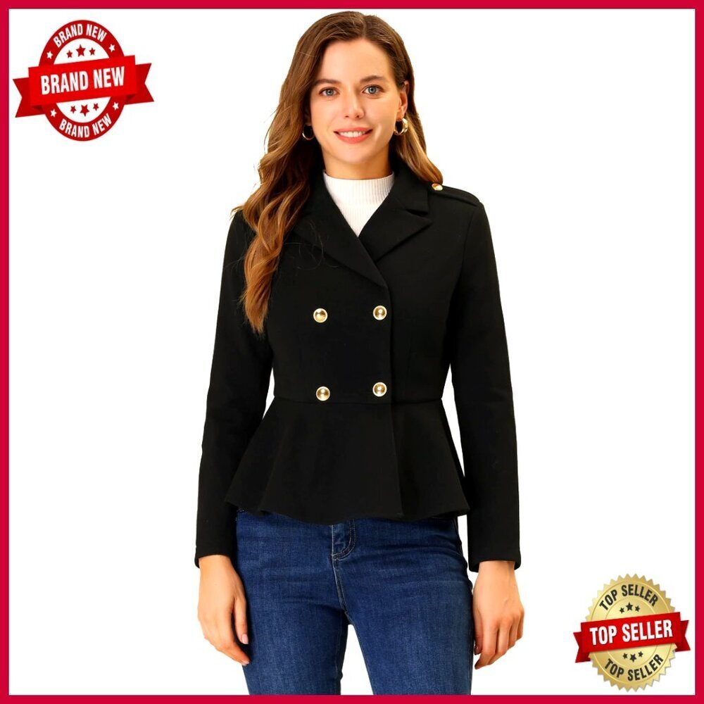 Double Breasted Pea Coat Notched Lapel Blazer Ruffle Hem Office Wear